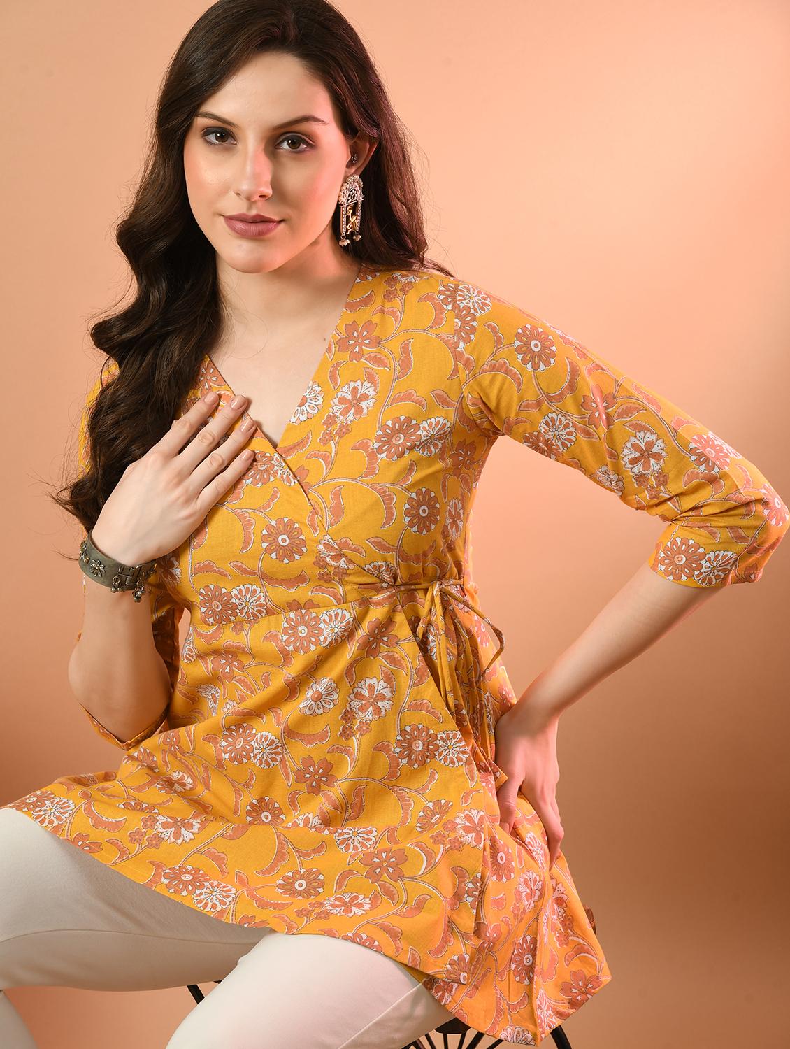 women printed three quarter sleeve angrakha kurti - 21978647 - Standard Image - 3