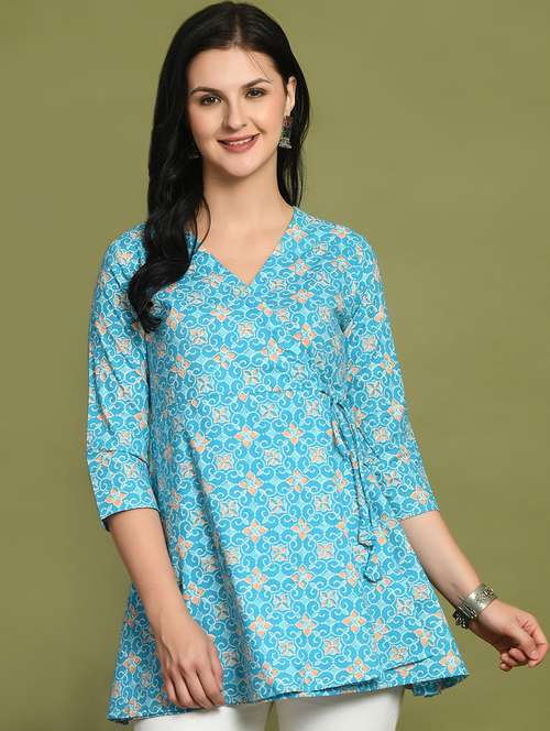 women printed three quarter sleeve angrakha kurti - 21978648 -  Standard Image - 0