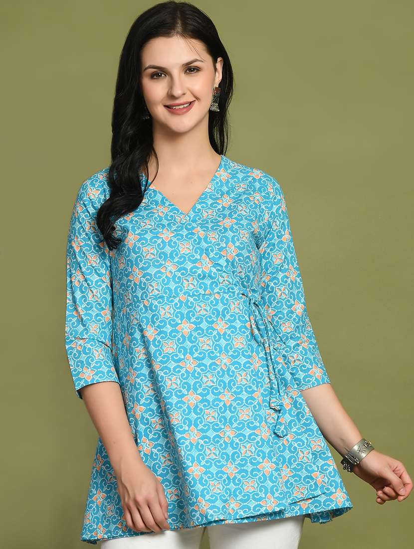 women printed three quarter sleeve angrakha kurti