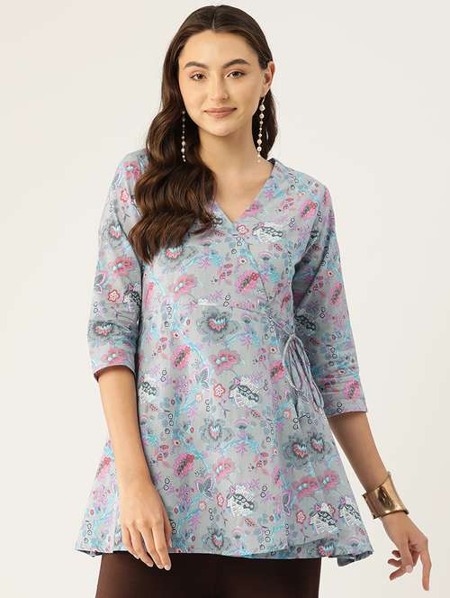 women printed three quarter sleeve angrakha kurti - 21978650 - Standard Image - 0