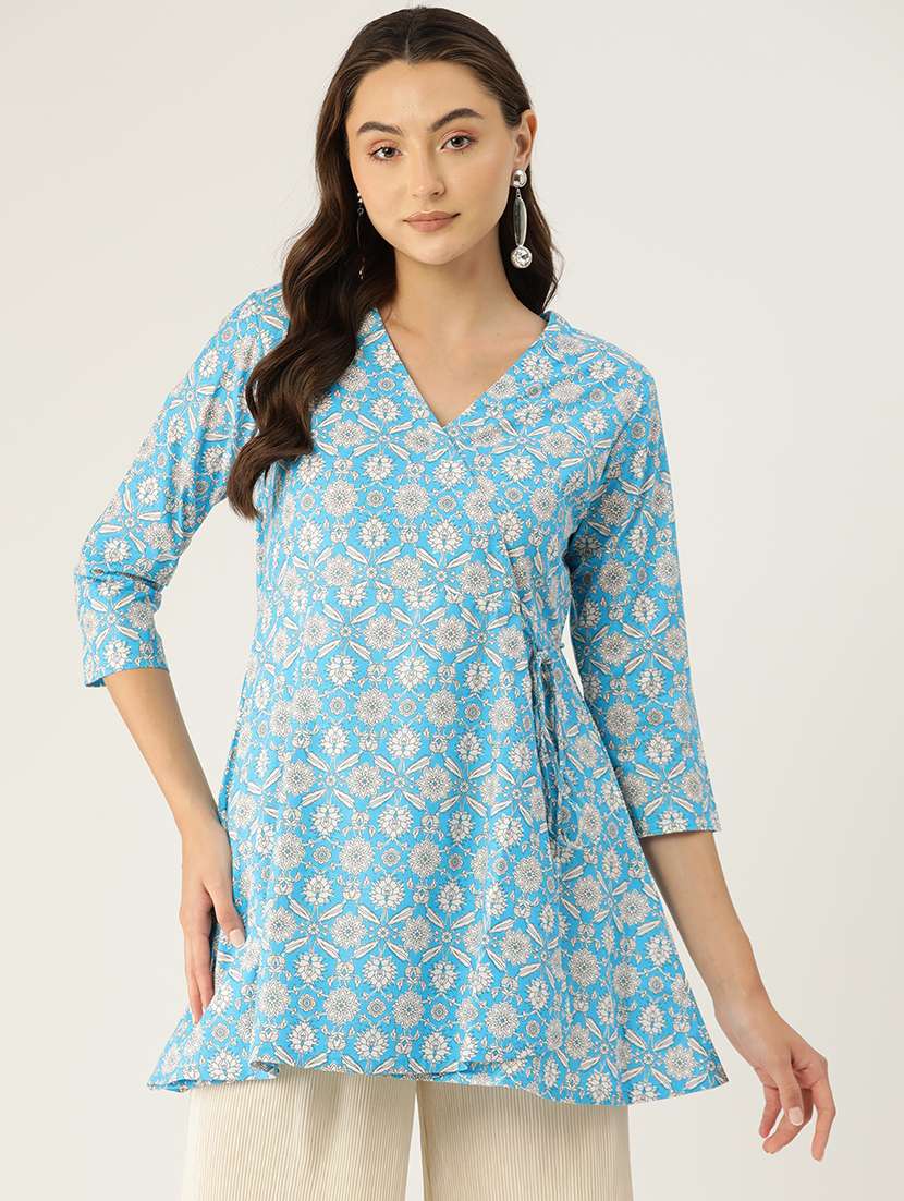 women printed three quarter sleeve angrakha kurti - 21978651 - Zoom Image - 0