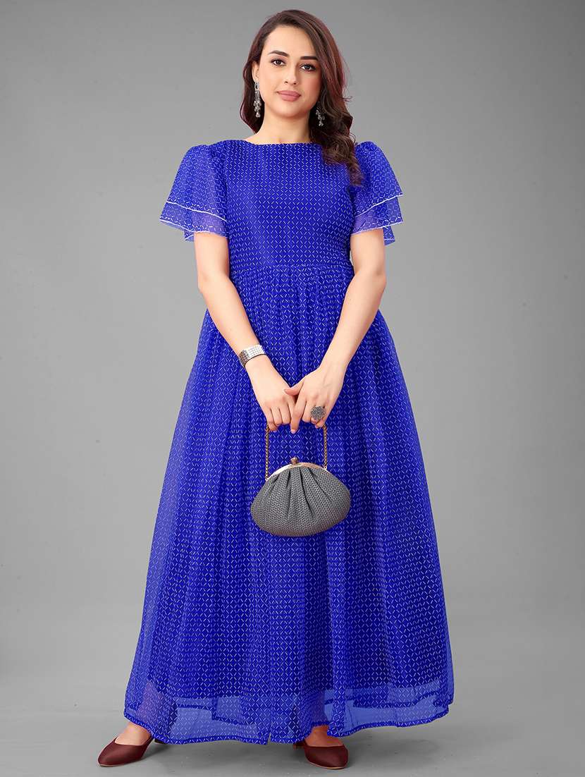 women checkered semi stitched fit & flare gown