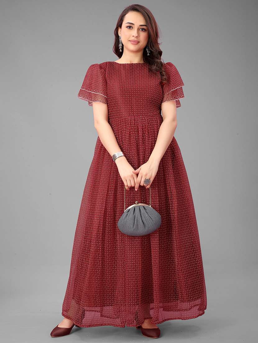 women checkered semi stitched fit & flare gown