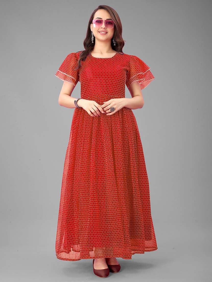 women checkered semi stitched fit & flare gown