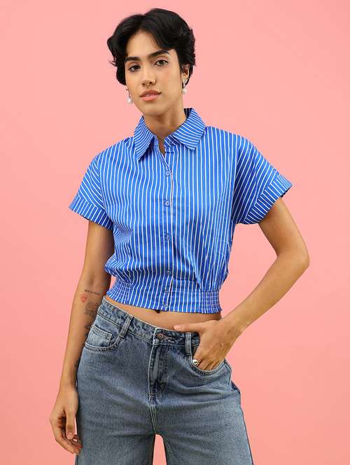 women striped collared short sleeve crop shirt - 21978997 -  Standard Image - 0