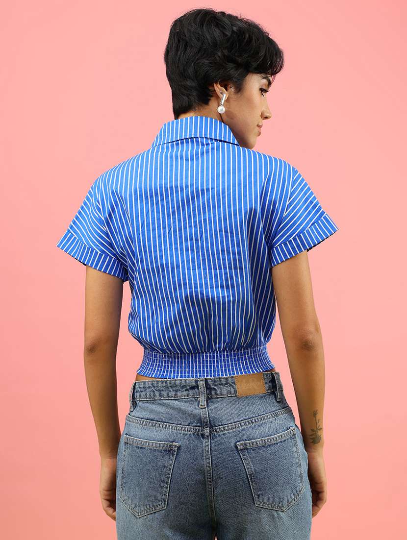 women striped collared short sleeve crop shirt - 21978997 -  Standard Image - 3