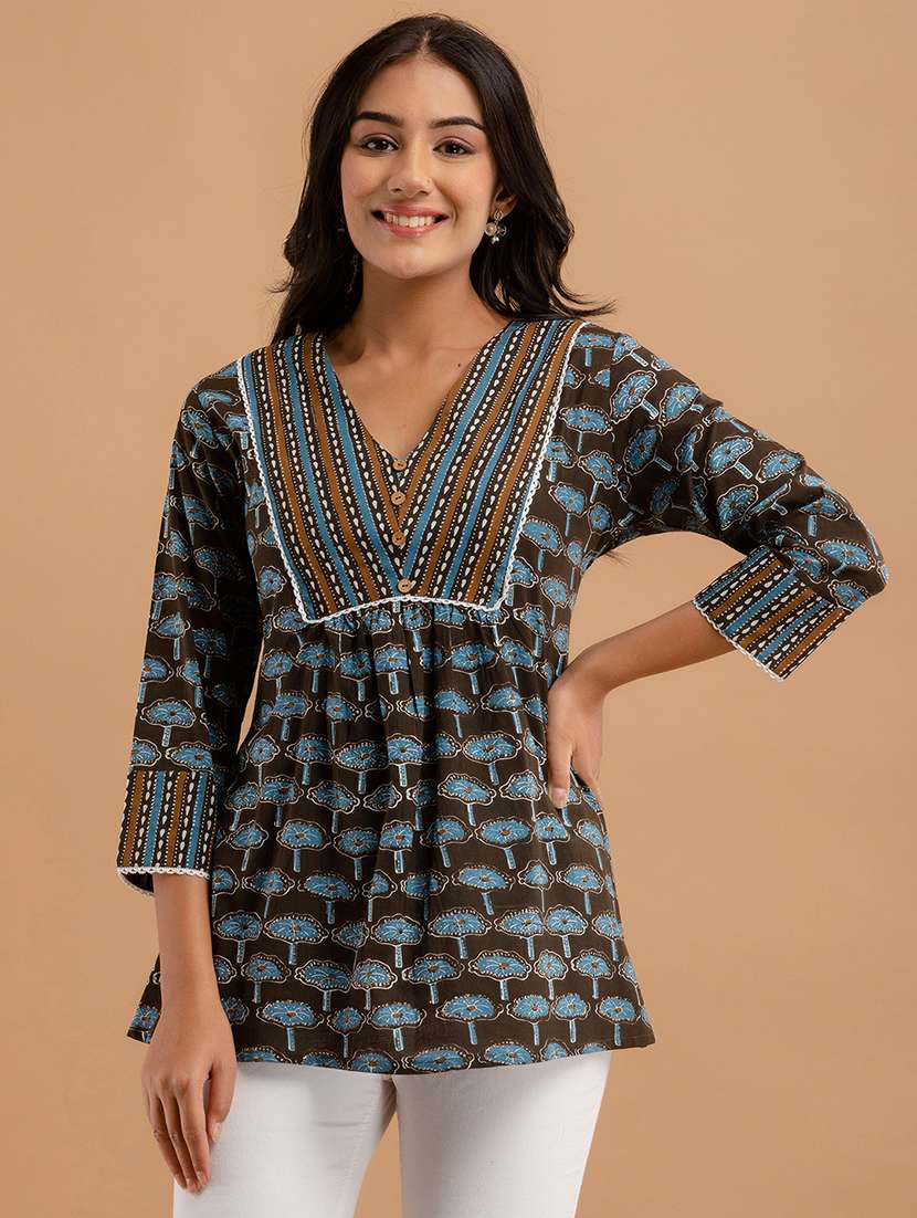 women printed three quarter sleeve a-line kurti