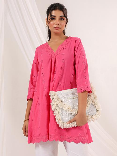 women three quarter sleeve schiffli a-line kurta - 21979074 - Standard Image - 0