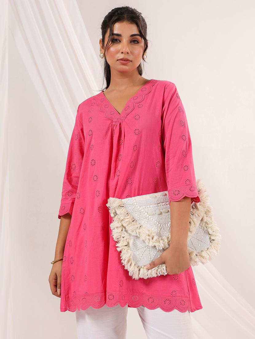 women three quarter sleeve schiffli a-line kurta - 21979074 - Zoom Image - 0