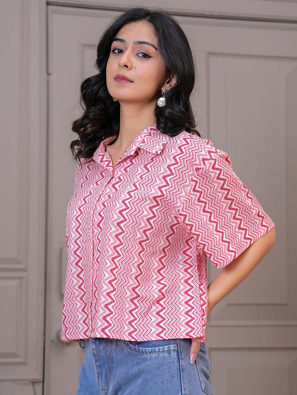 women chevron printed short sleeve shirt top - 21979211 - Standard Image - 3