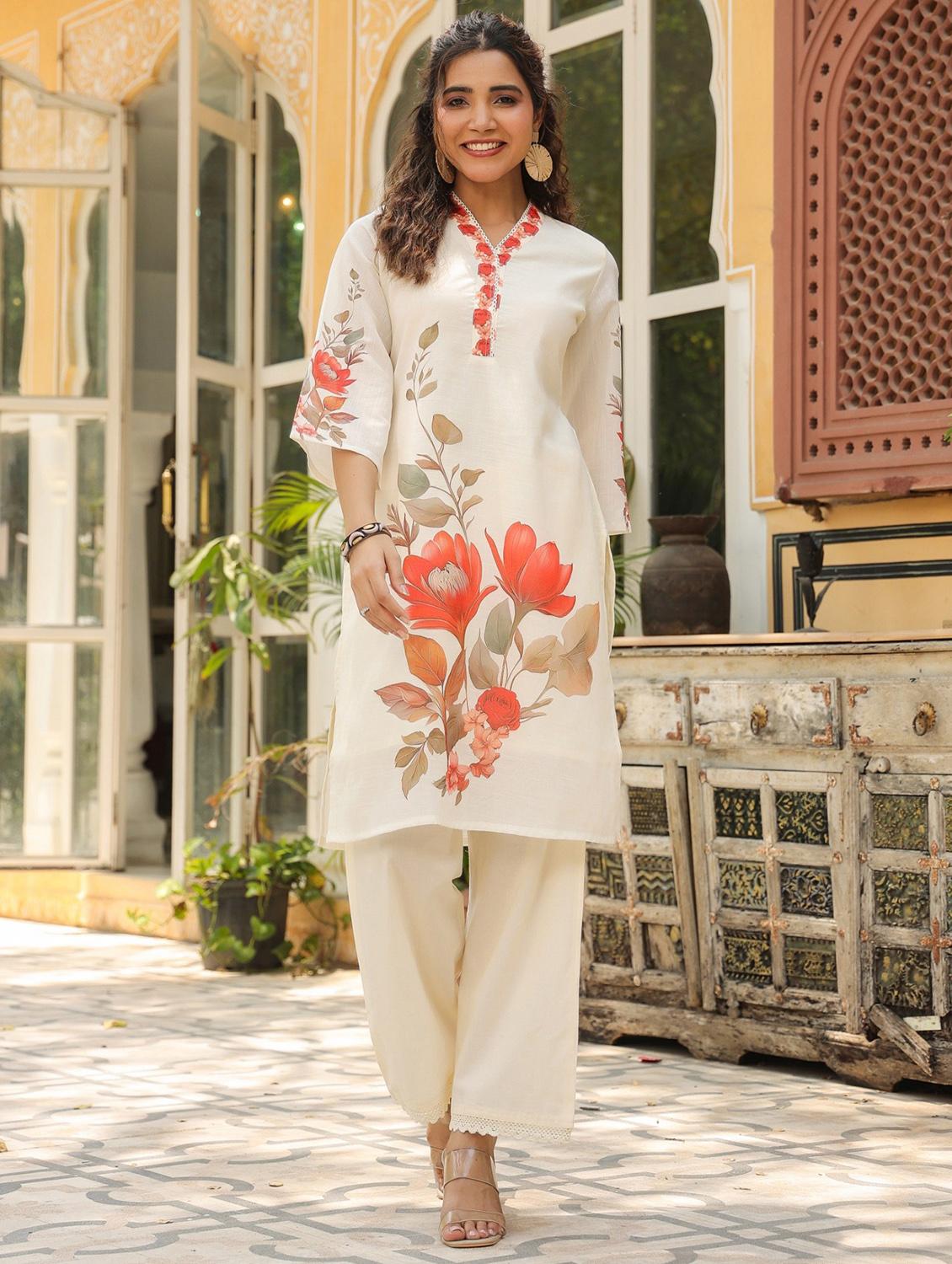 women floral three quarter sleeve kurta pant set - 21979259 - Zoom Image - 0