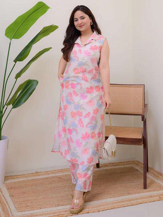 women floral printed sleeveless kurta pant set