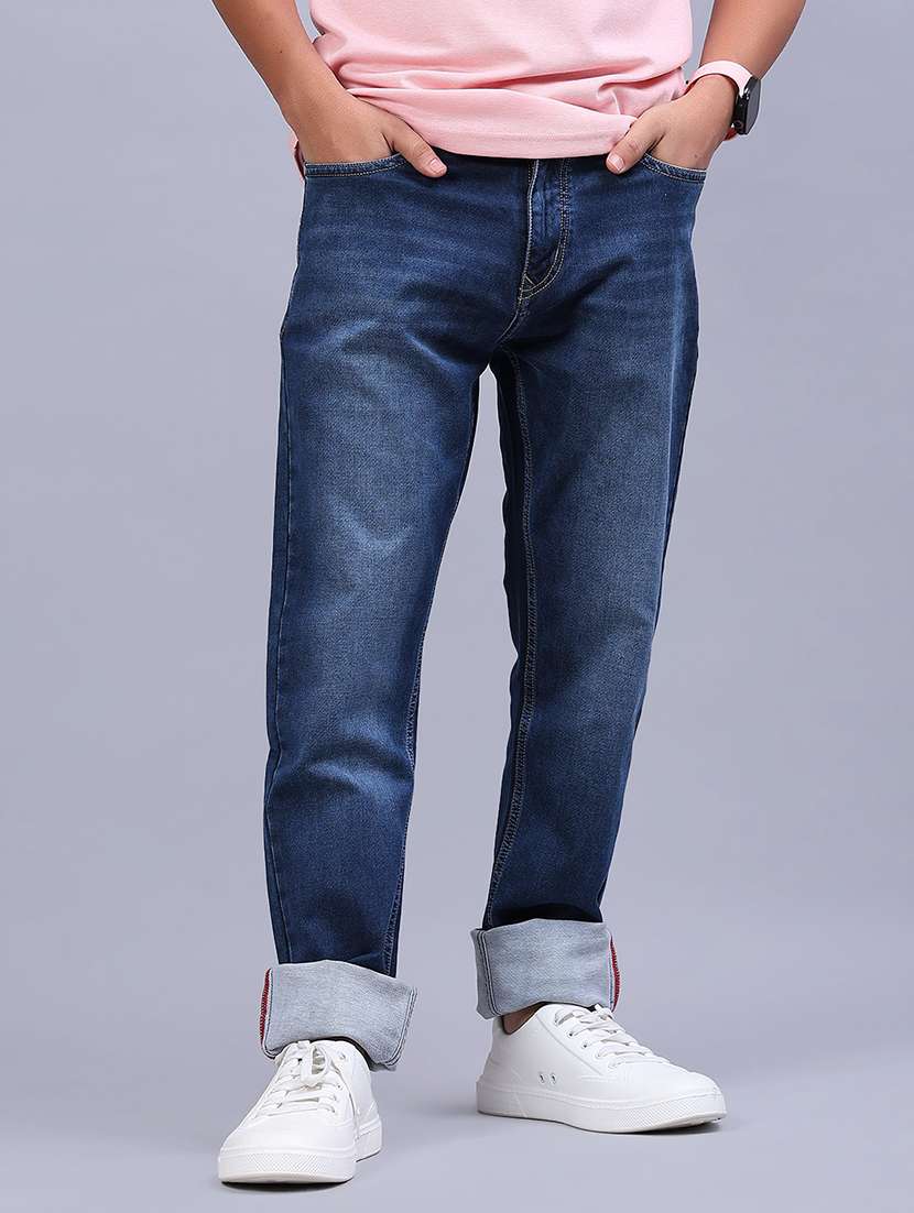 men washed mid rise full length jeans