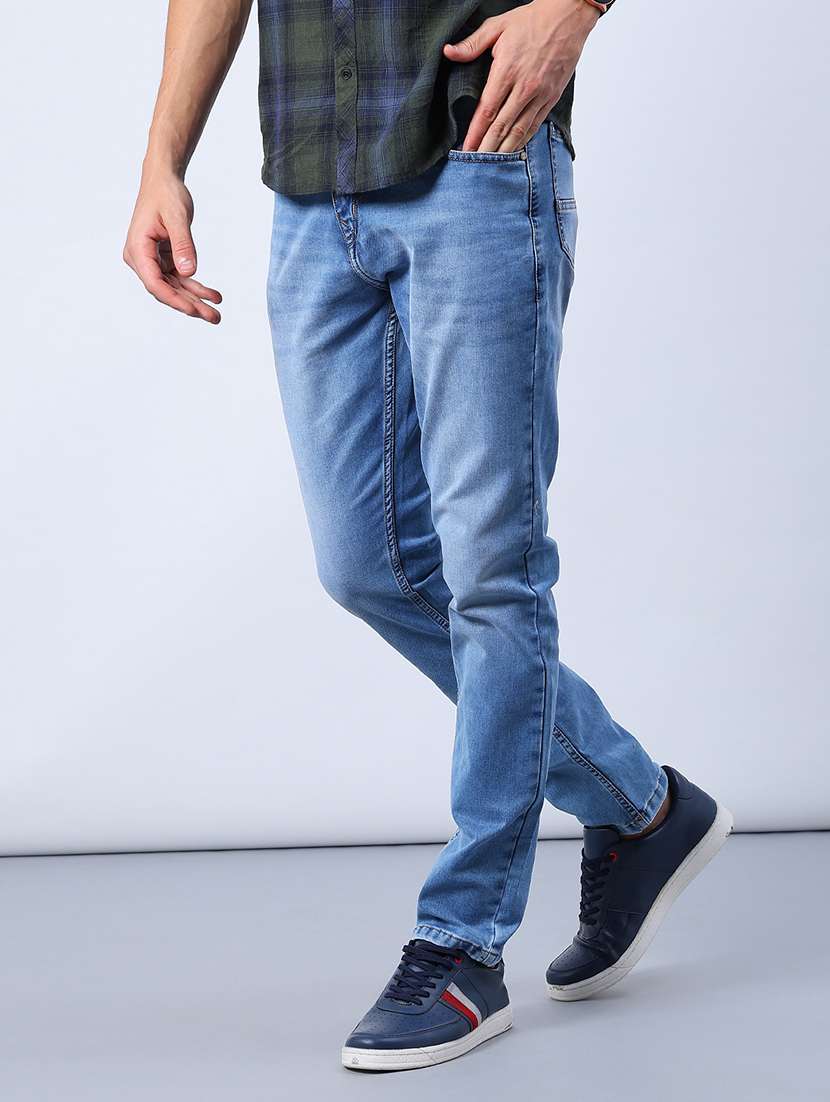 men washed mid rise full length jeans