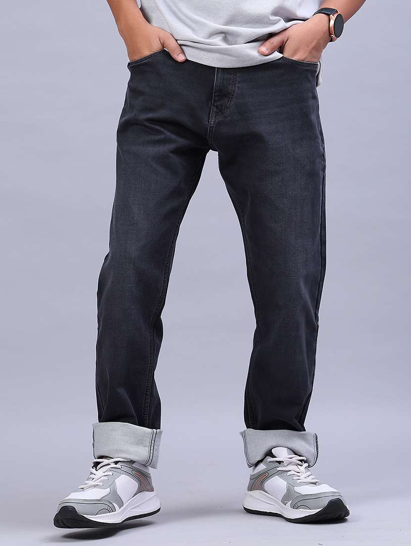 men washed mid rise full length jeans