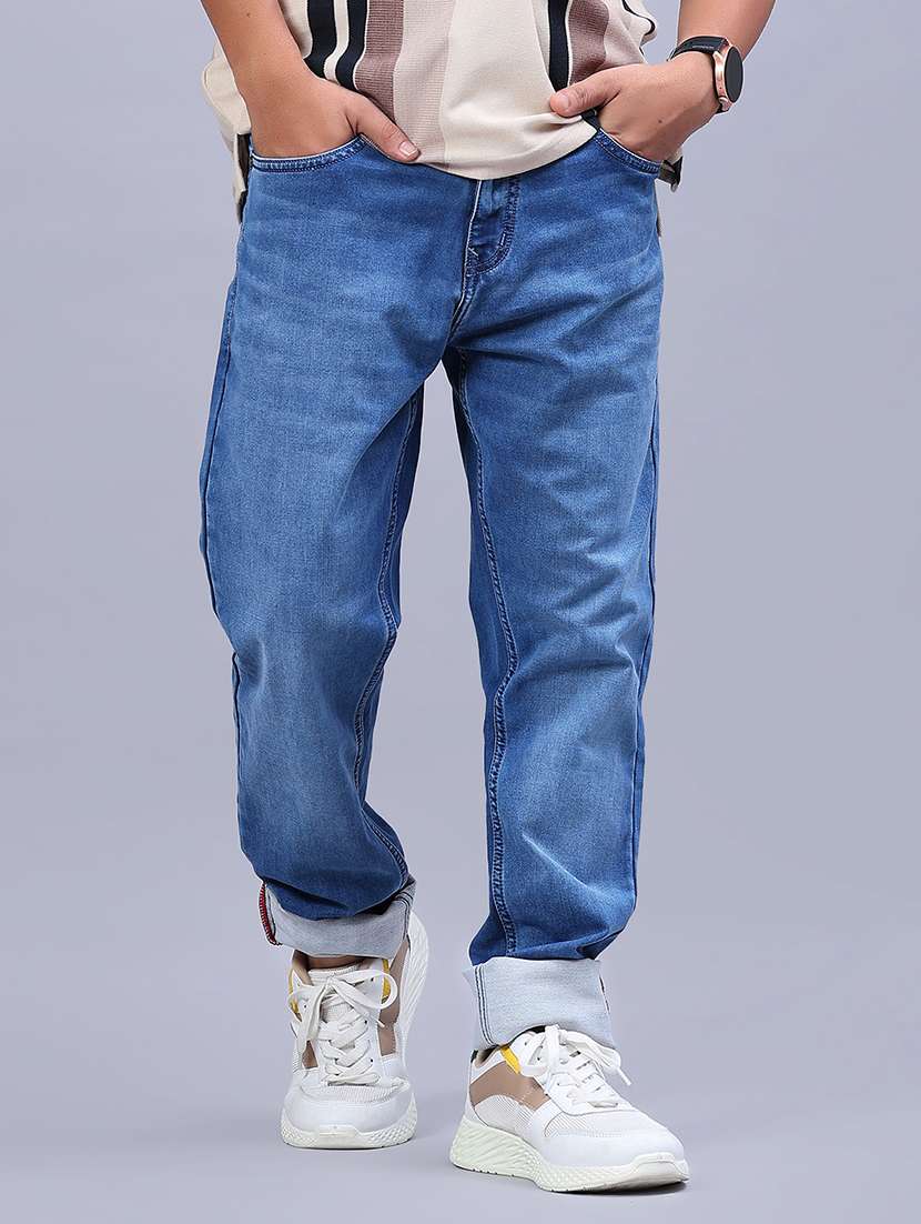 men washed mid rise full length jeans