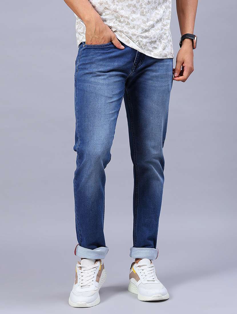 men washed mid rise full length jeans