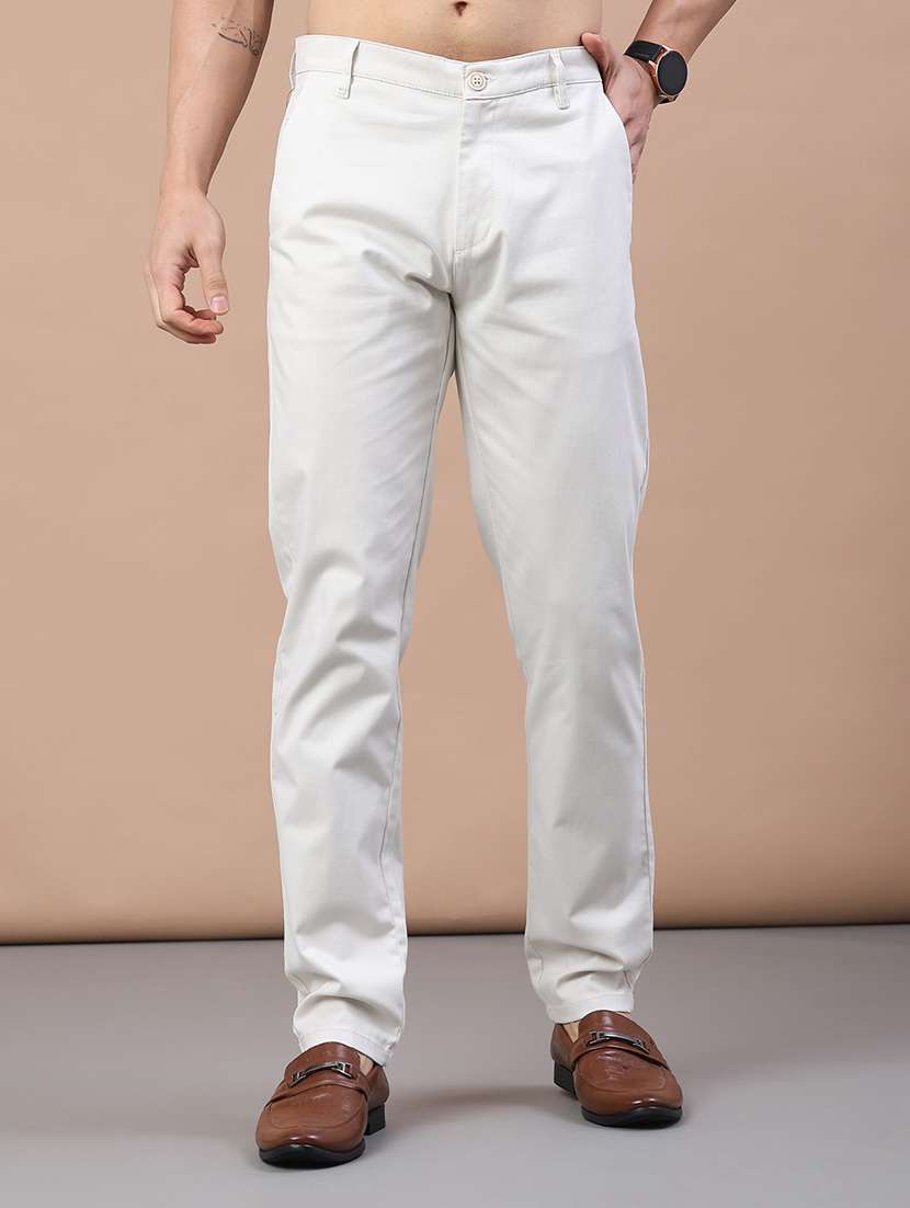 men solid mid rise flat front casual trouser