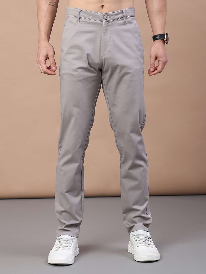men solid mid rise flat front casual trouser