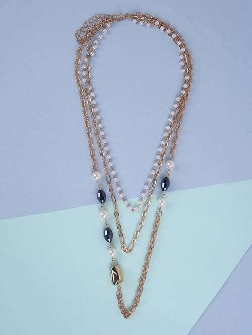 Layered Gold Chain Necklace With Pearls And Blue Beads