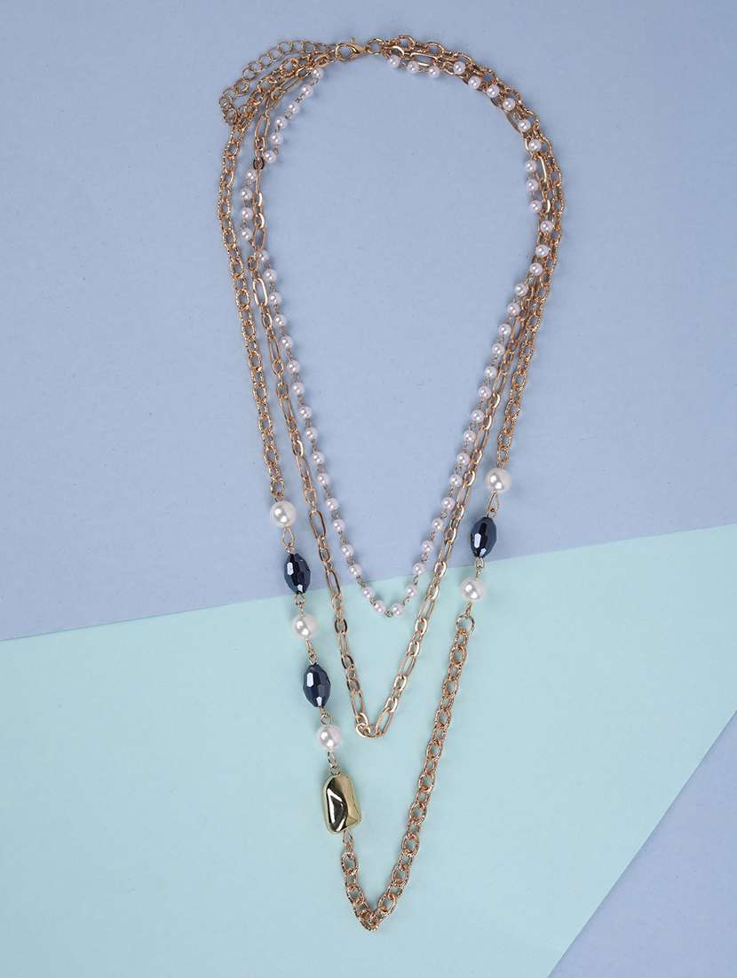 layered gold chain necklace with pearls and blue beads