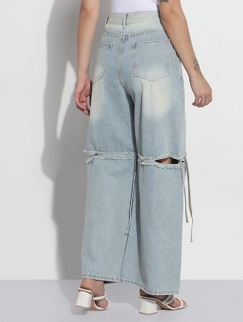 women solid slash knee high rise wide leg jeans - 21979736 - Standard Image - 3