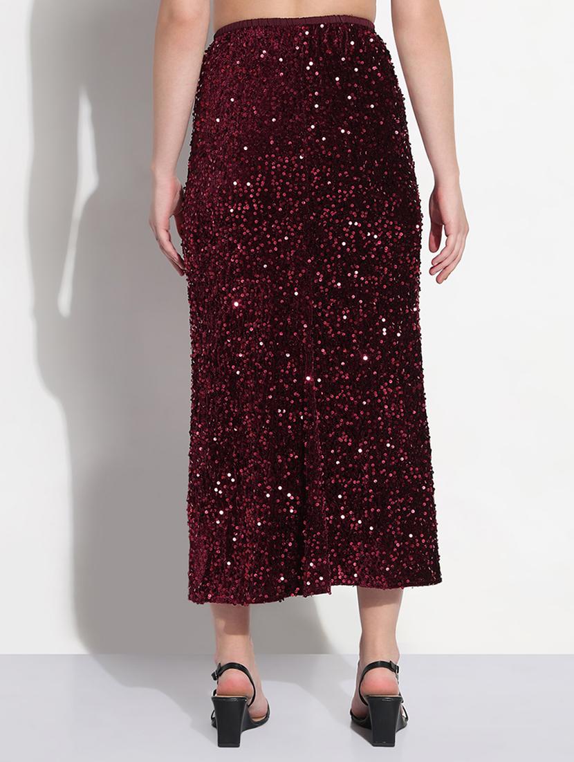 women maroon sequined high rise a-line skirt - 21979743 - Standard Image - 3
