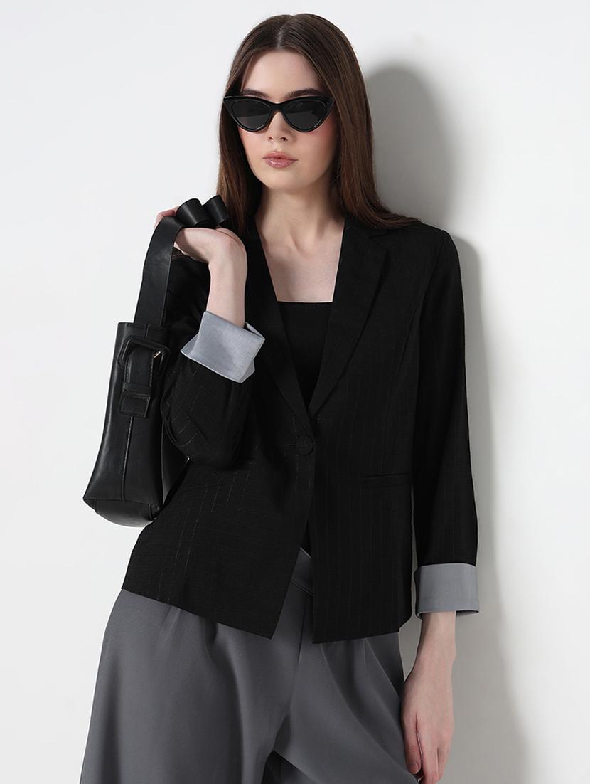 women striped long sleeve single breasted blazer - 21979766 - Zoom Image - 0