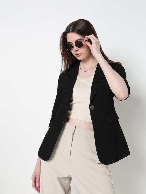 women solid three quarter sleeve single breasted blazer - 21979769 -  Standard Image - 0