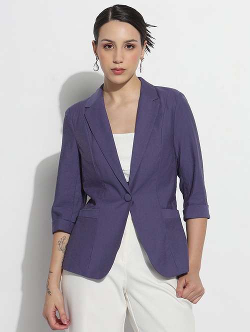 women solid three quarter sleeve single breasted blazer - 21979770 -  Standard Image - 0