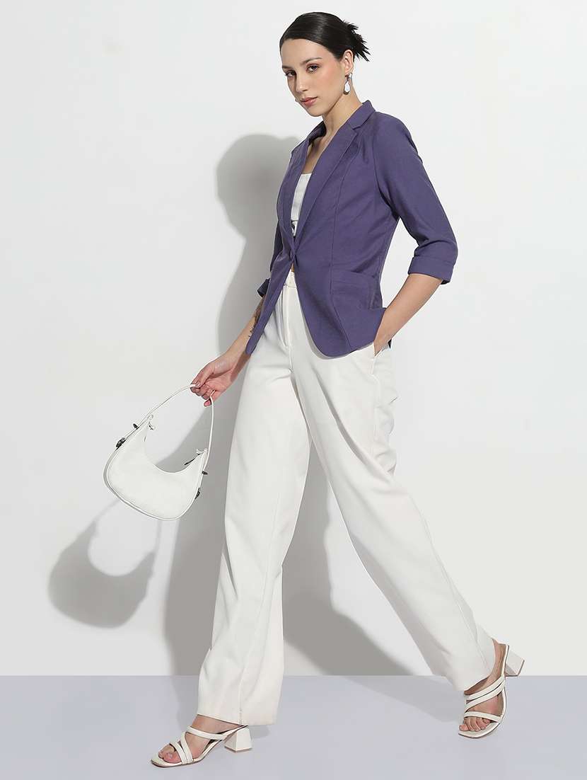 women solid three quarter sleeve single breasted blazer - 21979770 -  Standard Image - 5