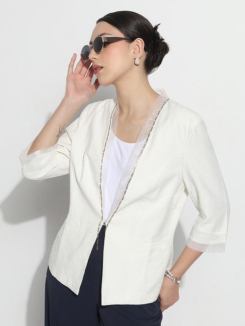 women solid three quarter sleeve single breasted blazer - 21979773 -  Standard Image - 0