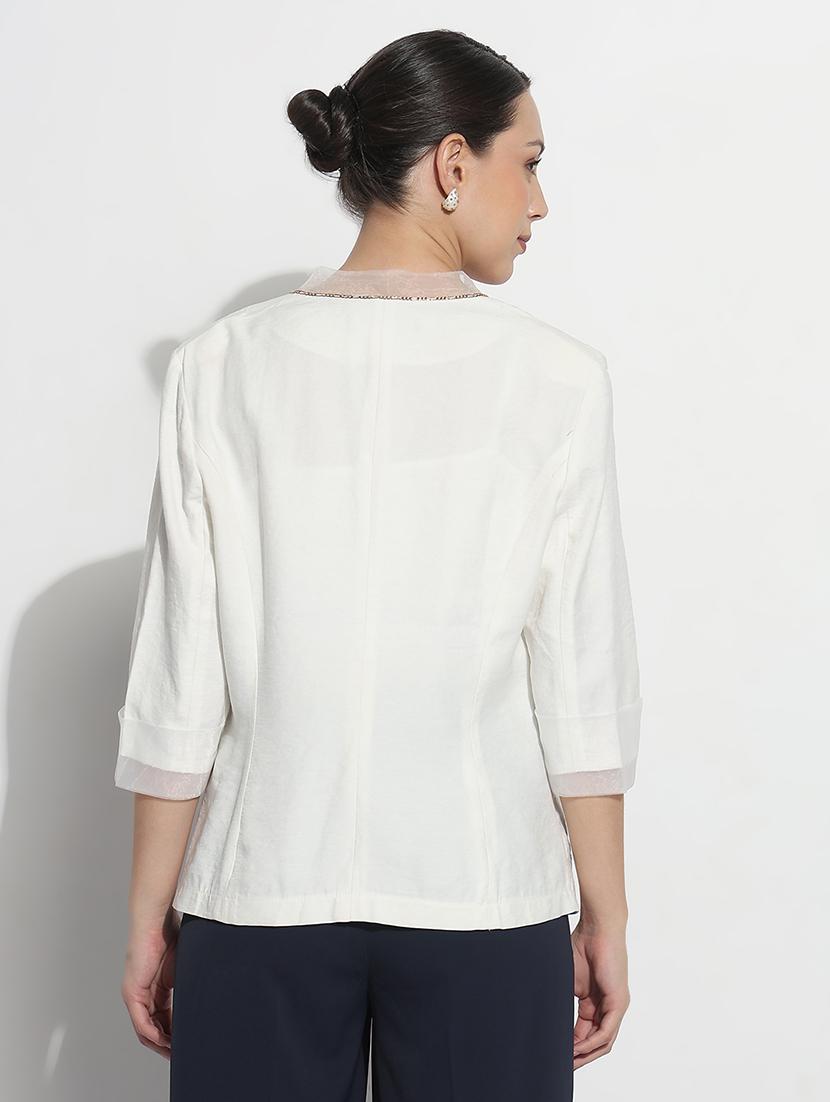 women solid three quarter sleeve single breasted blazer - 21979773 - Standard Image - 3