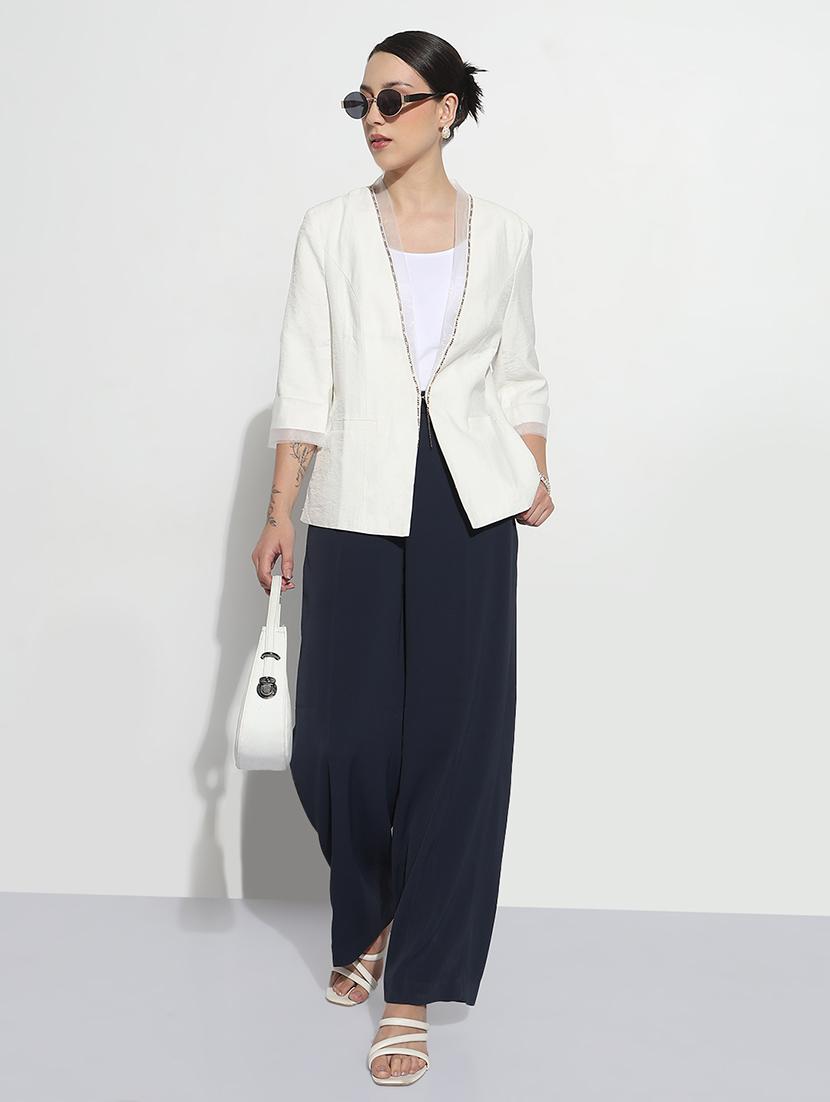 women solid three quarter sleeve single breasted blazer - 21979773 - Standard Image - 5