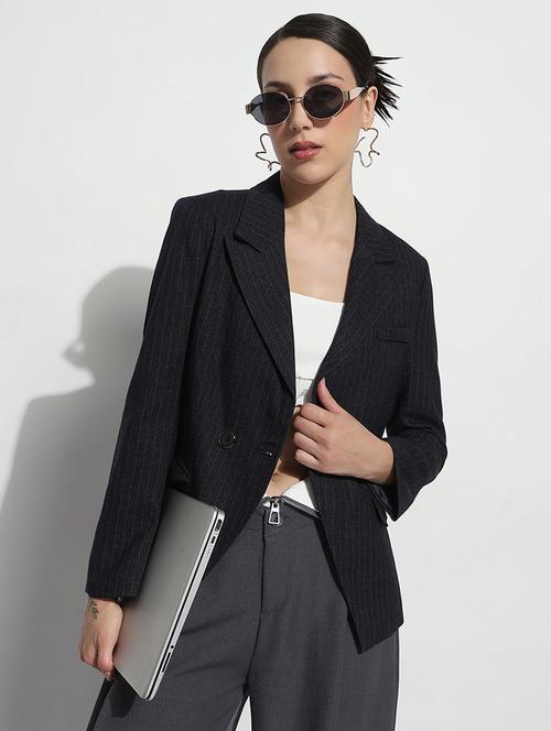 women striped long sleeve double breasted blazer - 21979775 - Standard Image - 0