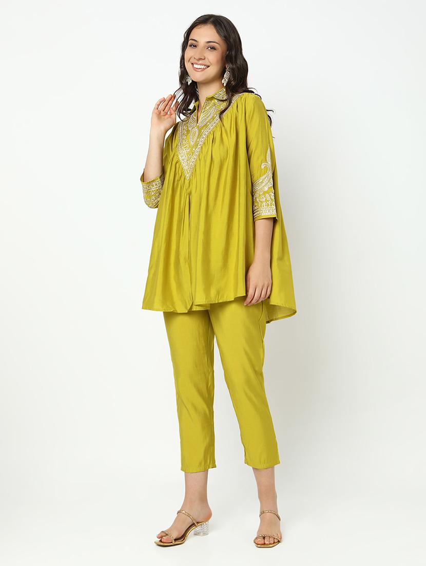 women solid with work three quarter sleeve ethnic co-ord set - 21979780 - Standard Image - 3
