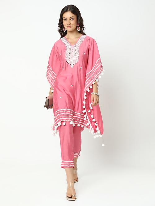 women solid with work kimono sleeve kaftan kurta pant set - 21979787 - Standard Image - 0
