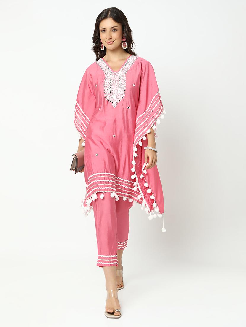 women solid with work kimono sleeve kaftan kurta pant set - 21979787 - Zoom Image - 0
