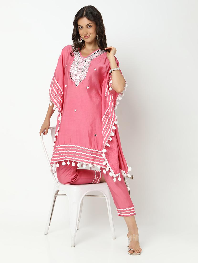women solid with work kimono sleeve kaftan kurta pant set - 21979787 - Standard Image - 3