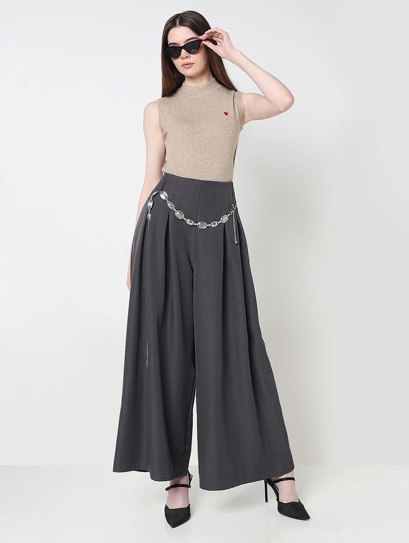 women solid high rise pleated korean pants - 21979800 - Standard Image - 5