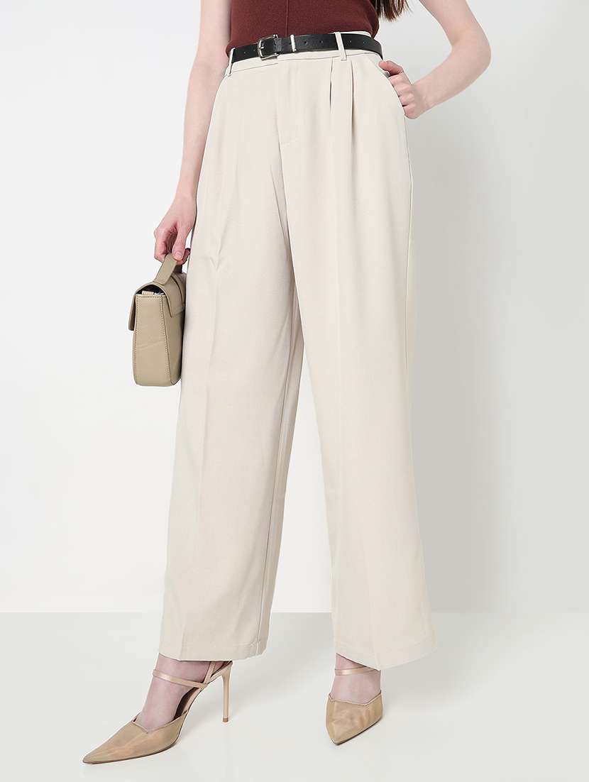 women solid high rise pleated korean pants 