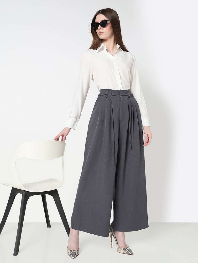 women solid high rise pleated korean pants  - 21979806 -  Zoom Image - 0