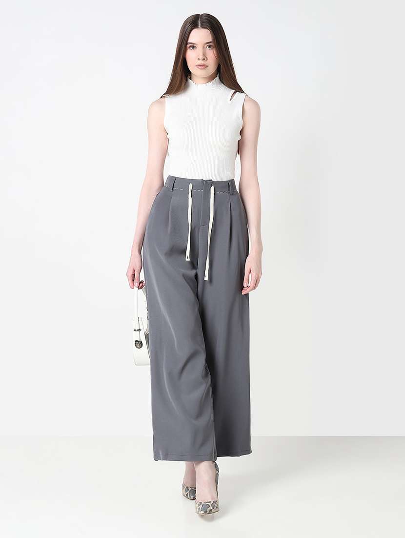 women solid high rise pleated wide leg trouser  - 21979808 -  Standard Image - 3