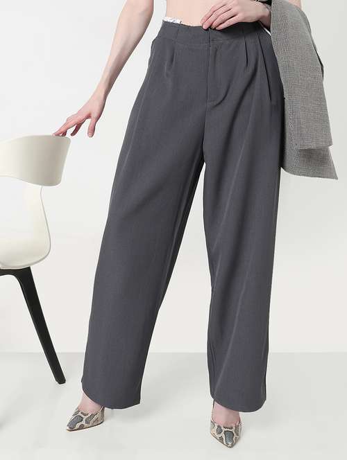 women solid high rise pleated korean pants  - 21979811 -  Standard Image - 0