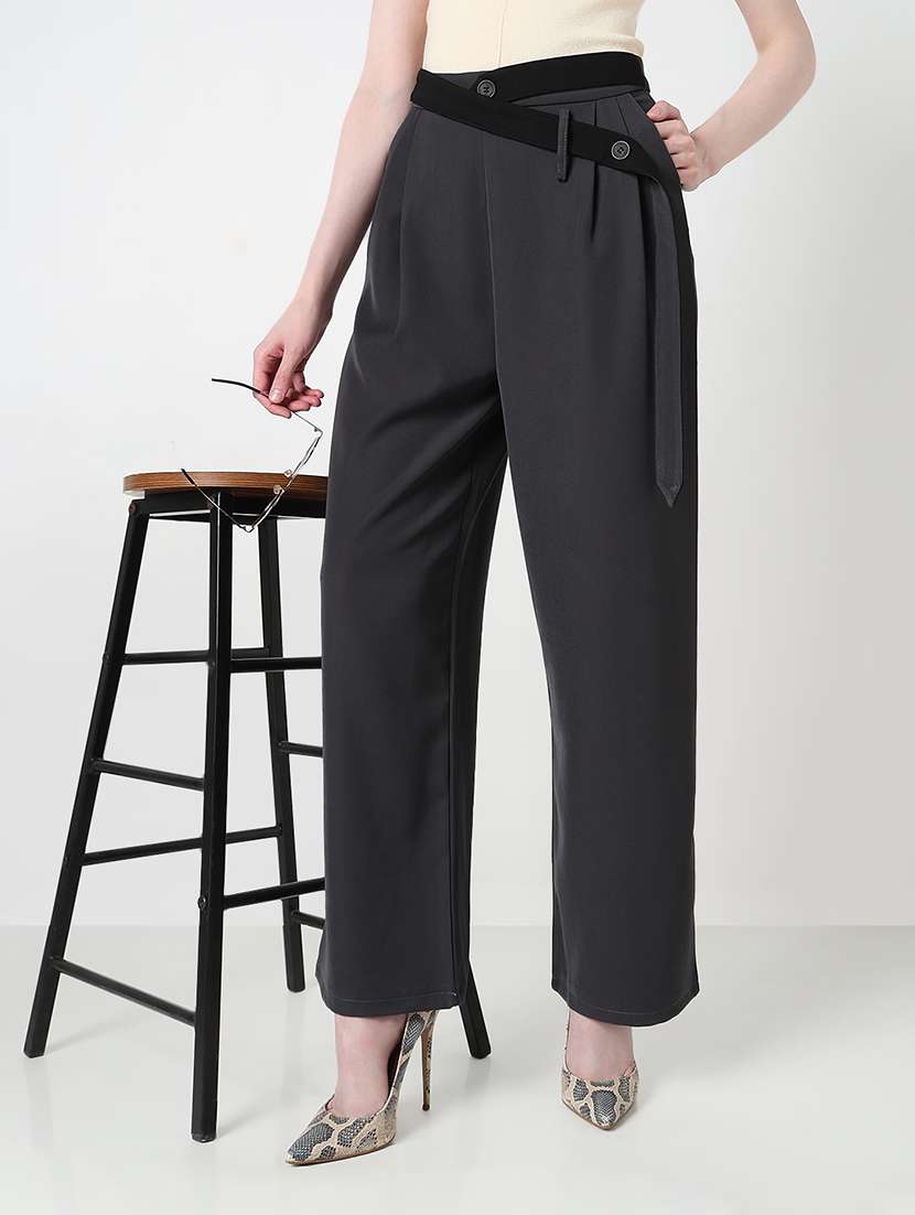 women solid high rise pleated straight trouser - 21979812 -  Standard Image - 3
