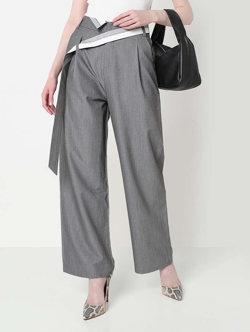 women solid high rise pleated straight trouser