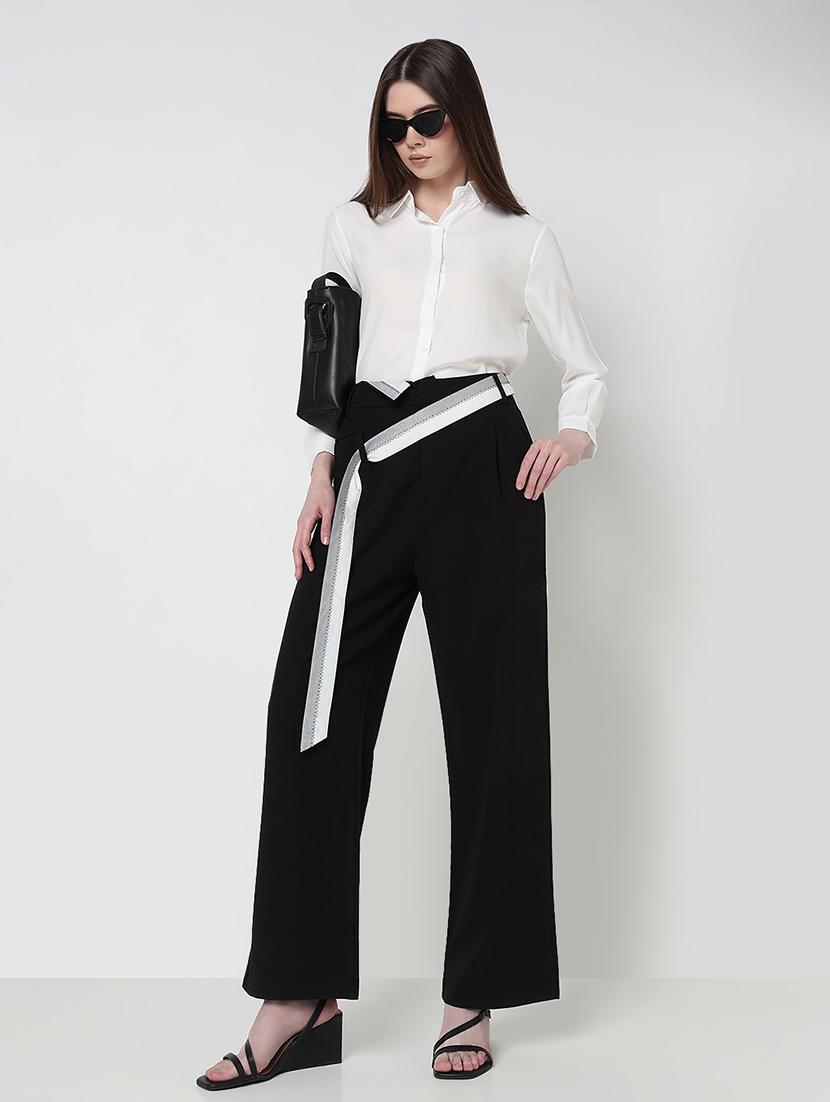 women solid high rise pleated straight trouser - 21979814 - Standard Image - 3