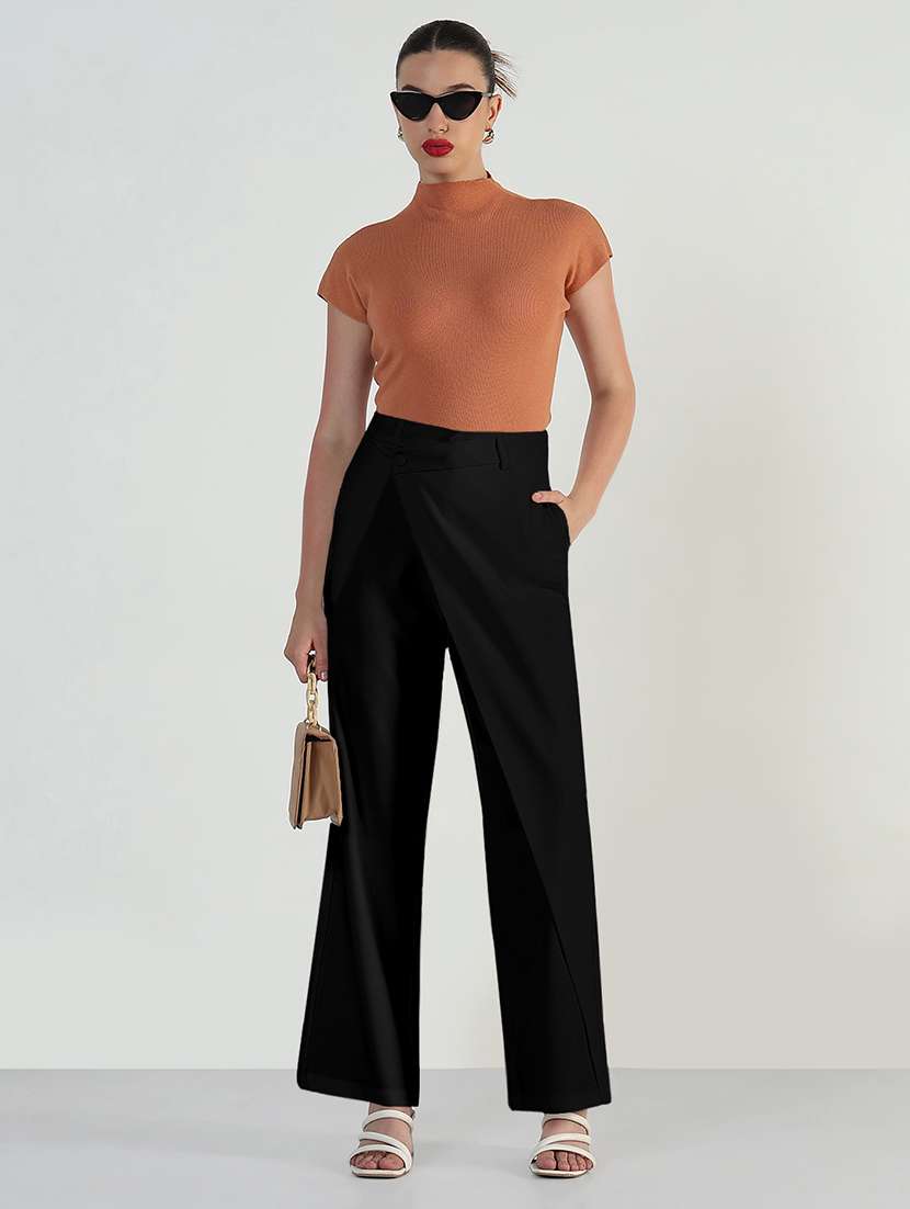 women solid high rise wrap style straight trouser - 21979815 - Standard Image - 5