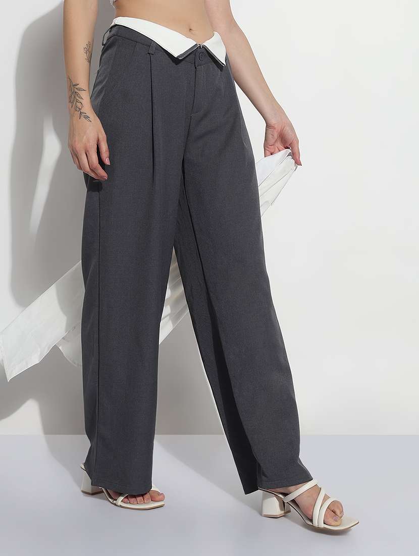 women solid high rise pleated korean pants  - 21979817 -  Zoom Image - 0