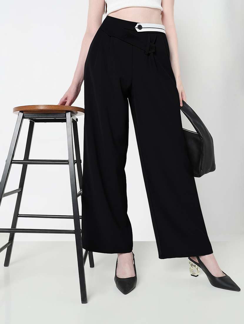 women solid high rise pleated straight trouser - 21979821 - Zoom Image - 0